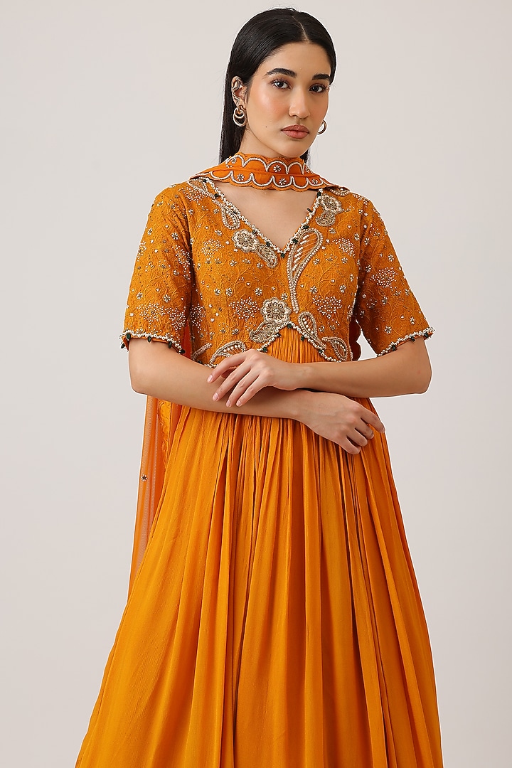 Mustard Modal Silk & Net Hand Embroidered Wedding Anarkali With Dupatta by Vidushi Gupta at Pernia's Pop Up Shop