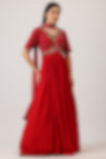 Red Modal Silk Hand Embroidered Wedding Anarkali With Dupatta by Vidushi Gupta at Pernia's Pop Up Shop