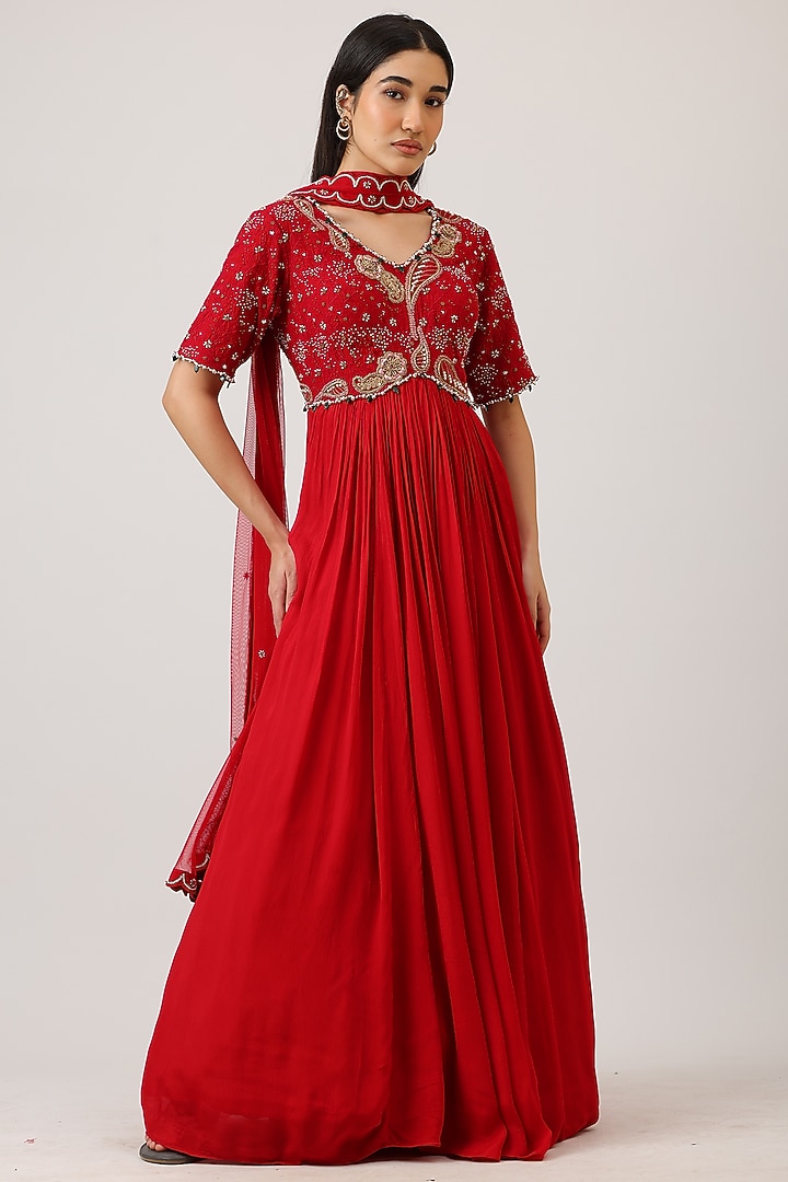 Red Modal Silk Hand Embroidered Wedding Anarkali With Dupatta by Vidushi Gupta at Pernia's Pop Up Shop