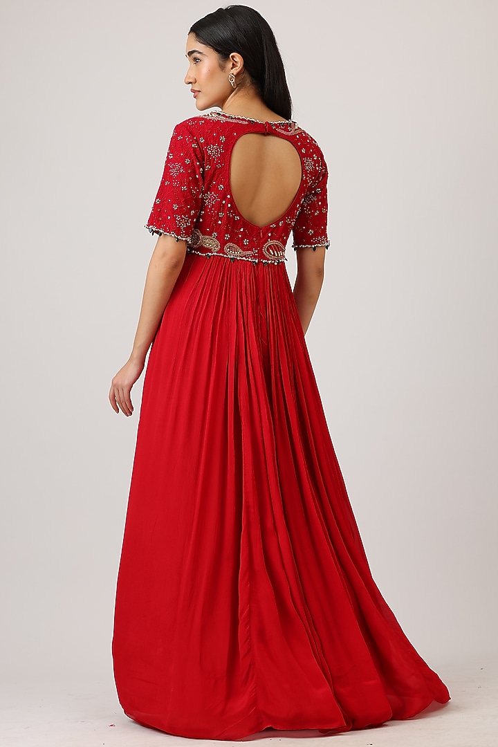 Red Modal Silk Hand Embroidered Wedding Anarkali With Dupatta by Vidushi Gupta at Pernia's Pop Up Shop