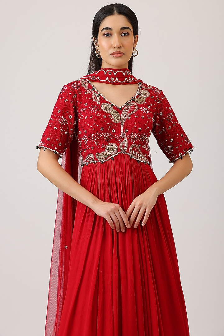 Red Modal Silk Hand Embroidered Wedding Anarkali With Dupatta by Vidushi Gupta at Pernia's Pop Up Shop