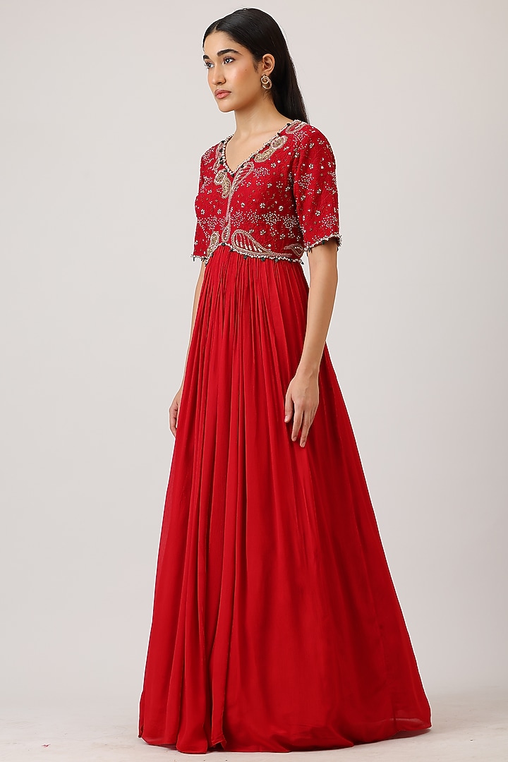 Red Modal Silk Hand Embroidered Wedding Anarkali With Dupatta by Vidushi Gupta at Pernia's Pop Up Shop