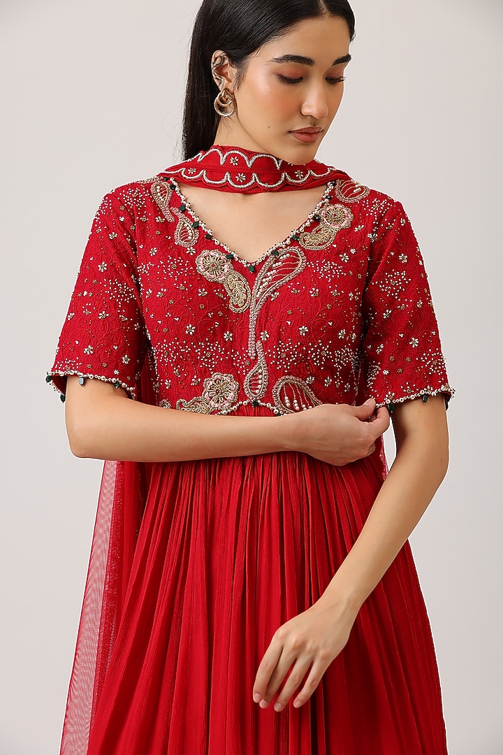 Red Modal Silk Hand Embroidered Wedding Anarkali With Dupatta by Vidushi Gupta at Pernia's Pop Up Shop