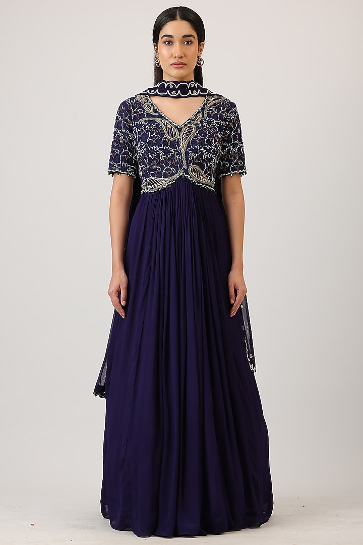 Aubergine Purple Modal Silk Hand Embroidered Wedding Anarkali With Dupatta by Vidushi Gupta at Pernia's Pop Up Shop