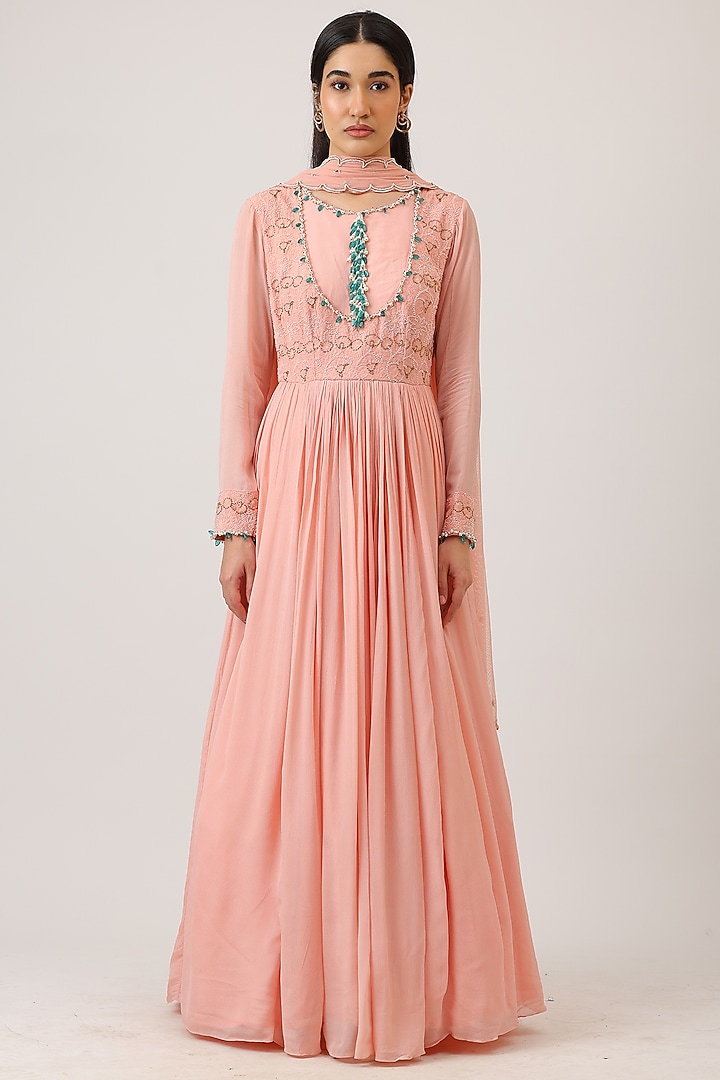 Pink Modal Silk Hand Embroidered Wedding Anarkali With Dupatta by Vidushi Gupta at Pernia's Pop Up Shop