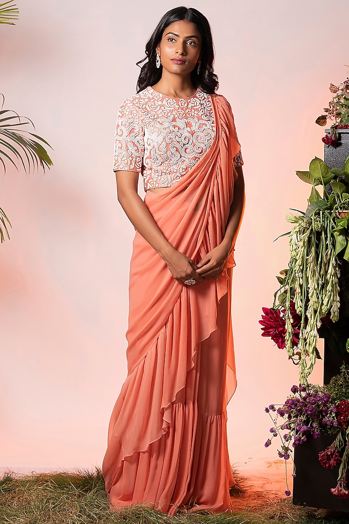 Rose Pink Embroidered Saree Set by Vidushi Gupta