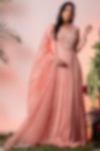 Rose Pink Embroidered Wedding Anarkali Set by Vidushi Gupta at Pernia's Pop Up Shop