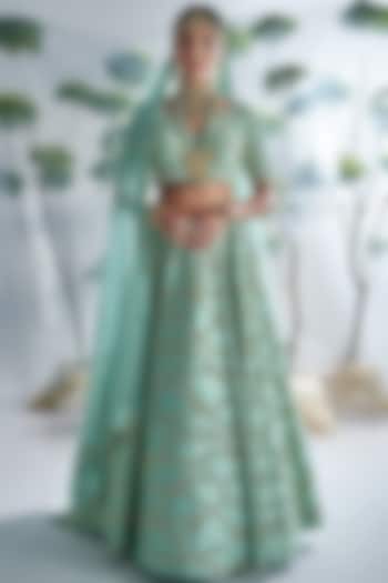 Aqua Blue Embroidered Wedding Lehenga Set by Vidushi Gupta at Pernia's Pop Up Shop