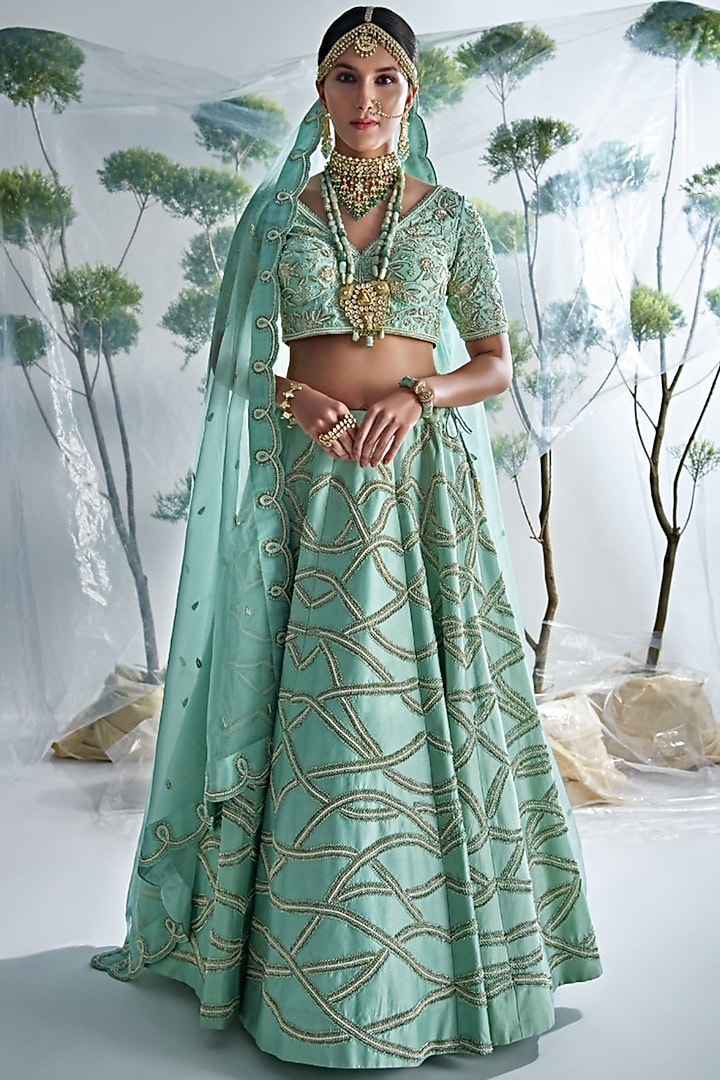 Aqua Blue Embroidered Wedding Lehenga Set by Vidushi Gupta at Pernia's Pop Up Shop
