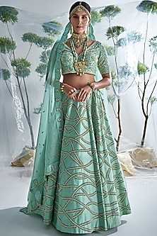 Aqua Blue Embroidered Lehenga Set by Vidushi Gupta-SHOP BY STYLE