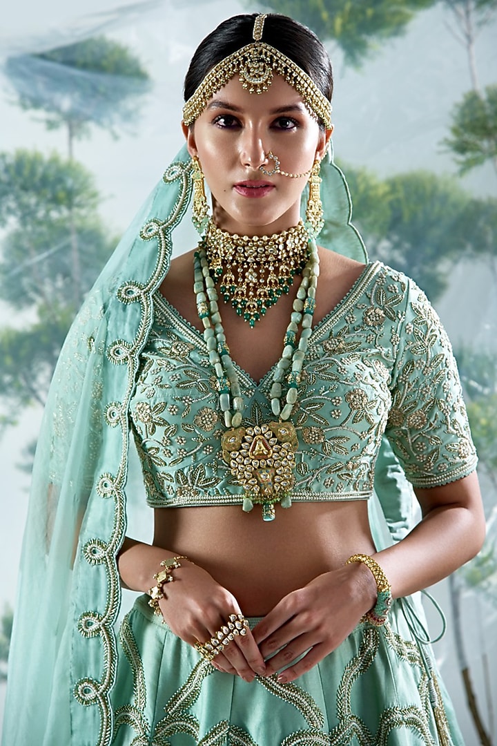 Aqua Blue Embroidered Wedding Lehenga Set by Vidushi Gupta at Pernia's Pop Up Shop