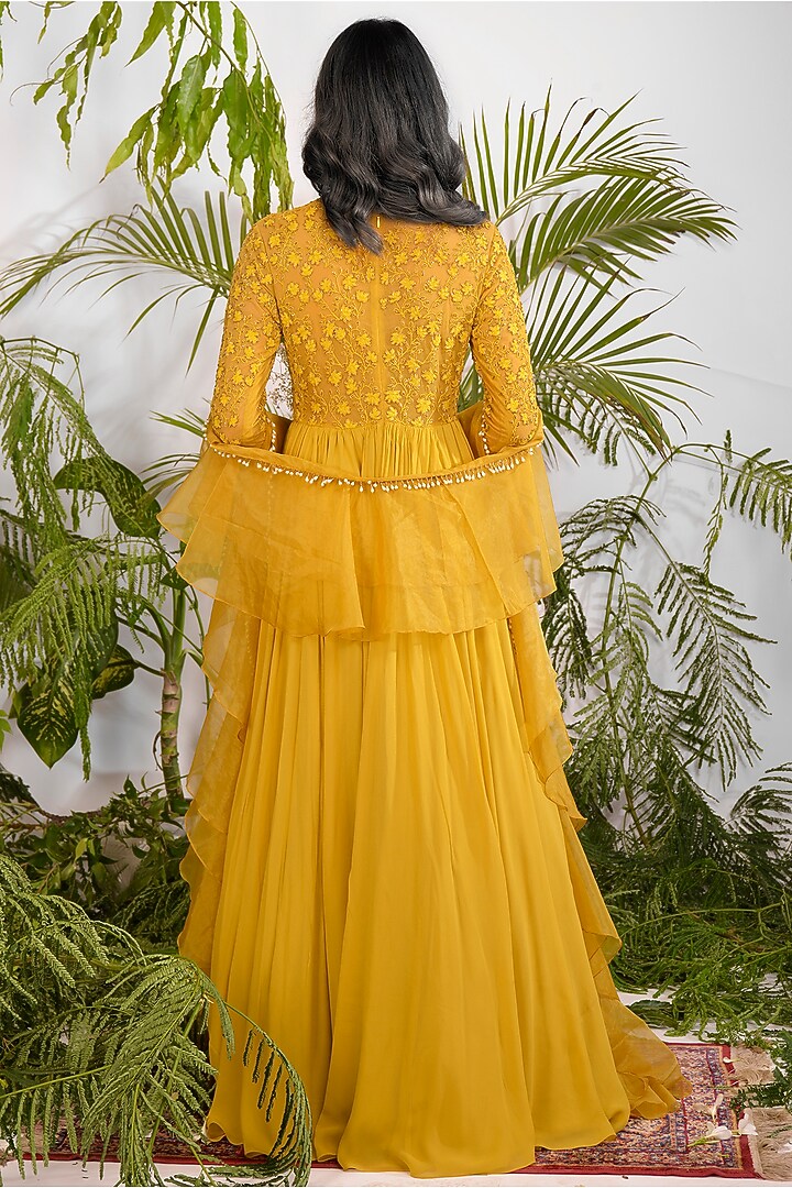 Military Yellow Hand Embroidered Wedding Anarkali Set by Vidushi Gupta at Pernia's Pop Up Shop