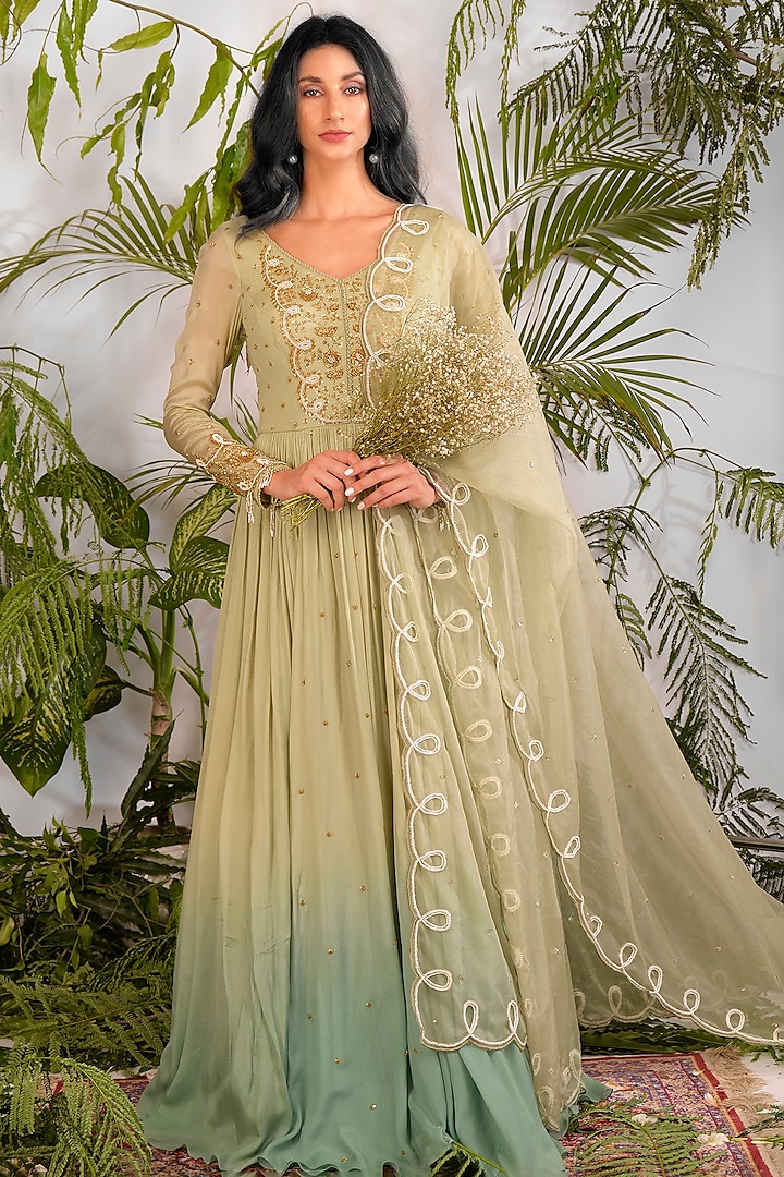 Mint Ombre Hand Embroidered Anarkali Set by Vidushi Gupta