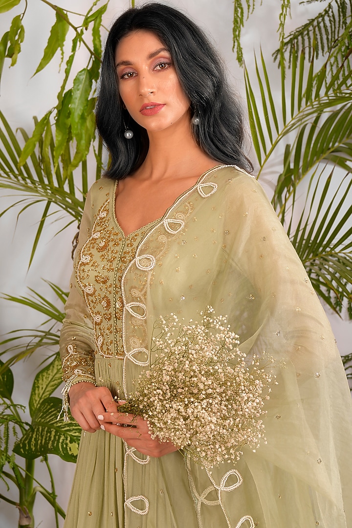 Mint Ombre Hand Embroidered Wedding Anarkali Set by Vidushi Gupta at Pernia's Pop Up Shop
