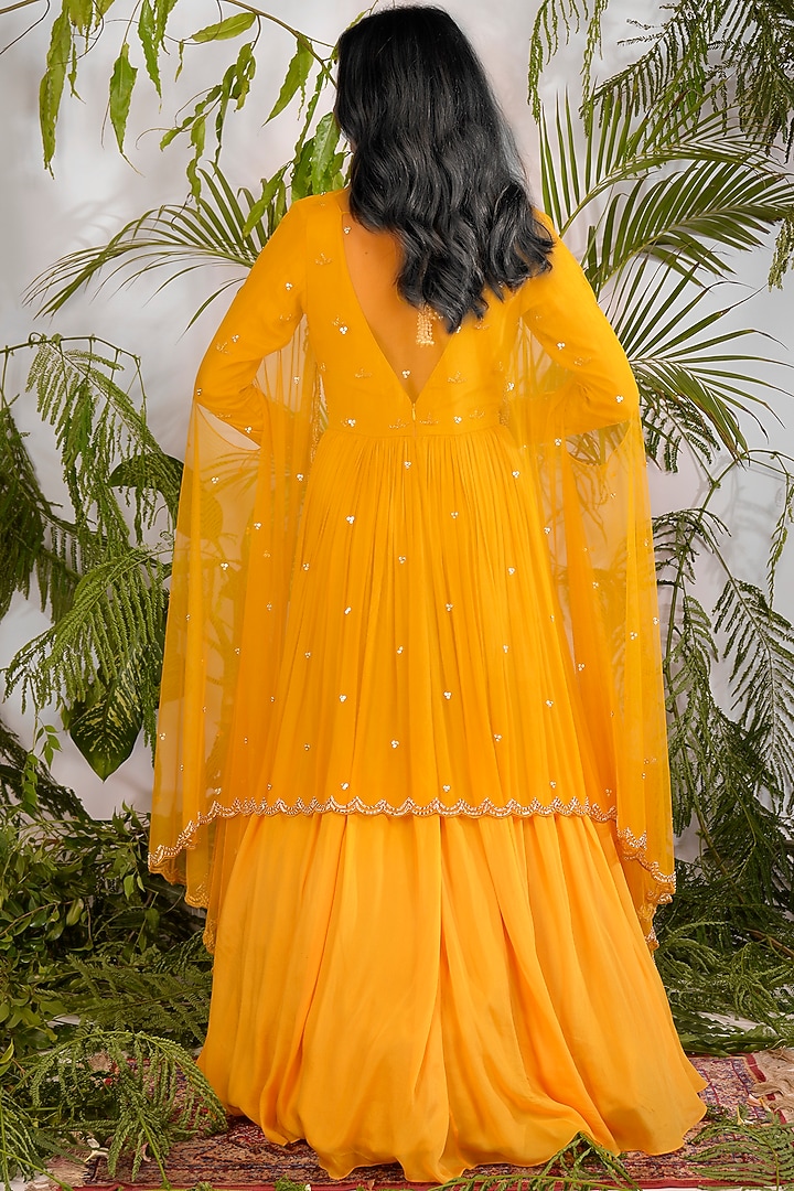 Ochre Yellow Hand Embroidered Wedding Anarkali Set by Vidushi Gupta at Pernia's Pop Up Shop