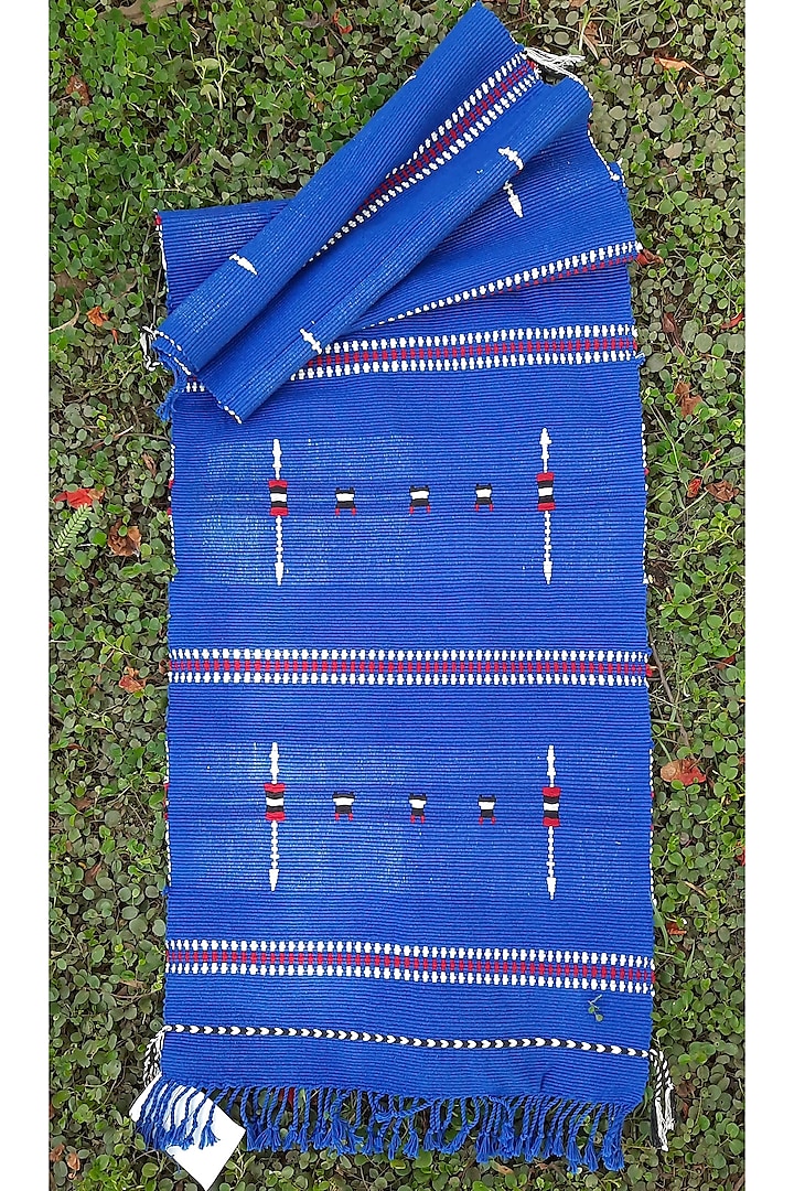 Blue & White Cotton Handwoven Table Runner by Vekuvolu Dozo