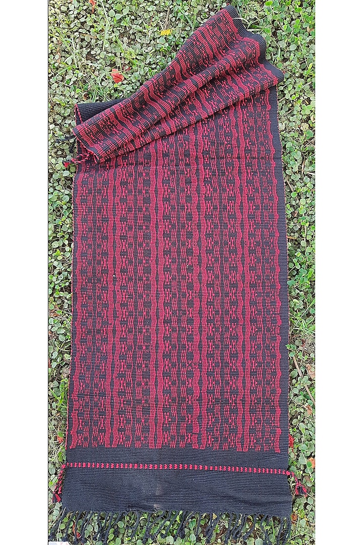 Black & Red Cotton Handwoven Table Runner by Vekuvolu Dozo