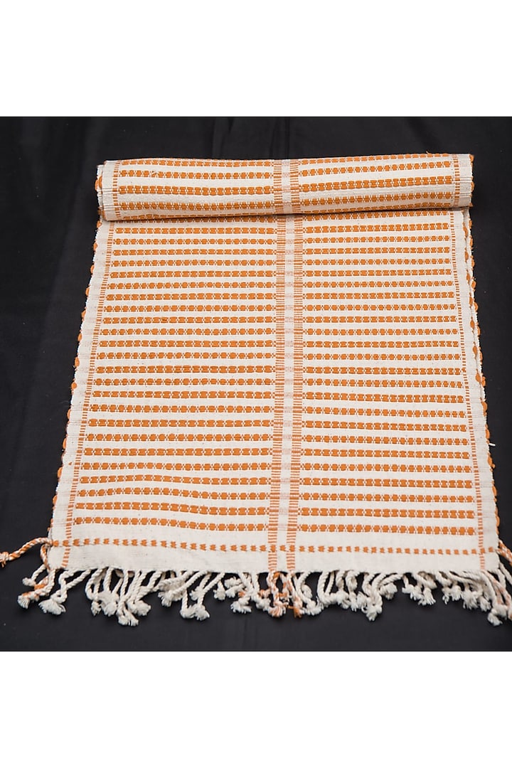 Orange Cotton Handwoven Table Runner by Vekuvolu Dozo
