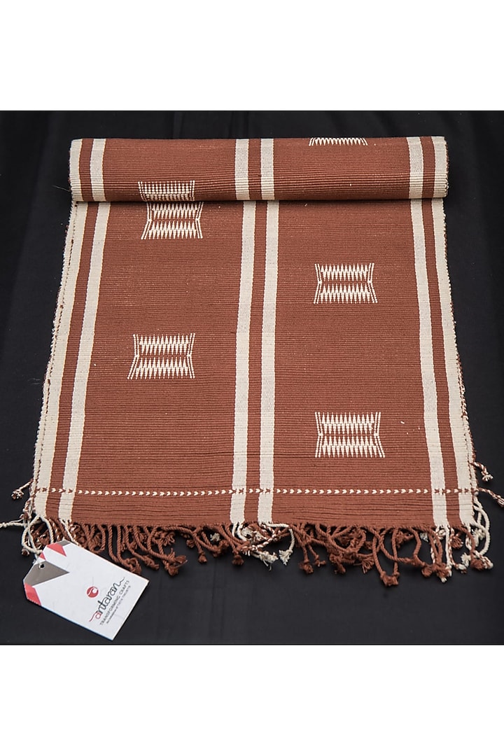 White & Brown Cotton Handwoven Table Runner by Vekuvolu Dozo