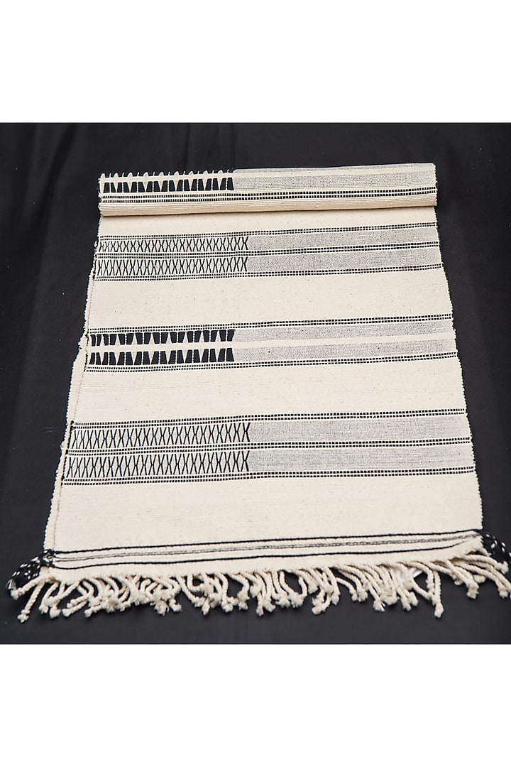 White & Black Cotton Handwoven Pheha Table Runner by Vekuvolu Dozo