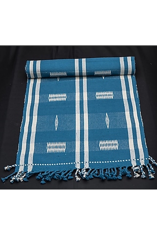 Blue & White Cotton Handwoven Pheha Table Runner by Vekuvolu Dozo