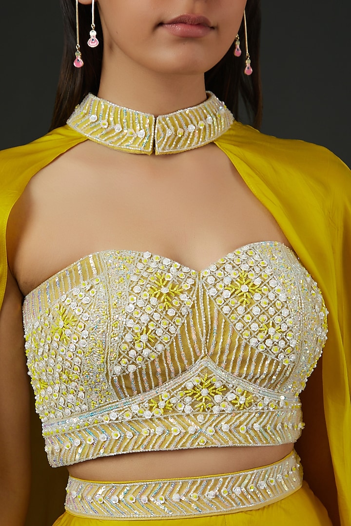 Yellow Satin Embroidered Jacket Wedding Lehenga Set by Vedika Soni at Pernia's Pop Up Shop