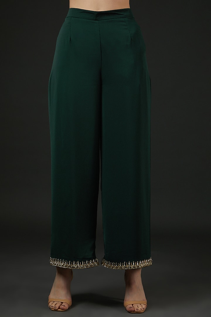 Bottle Green Satin Embroidered Kurta Set by Vedika Soni at Pernia's Pop Up Shop