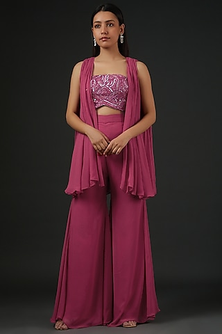 Fuchsia Georgette Jacket Set by Vedika Soni