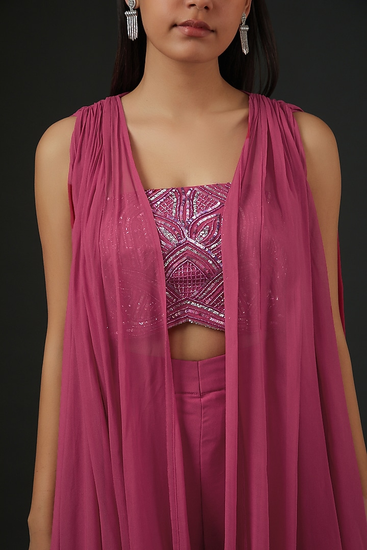 Fuchsia Georgette Jacket Set by Vedika Soni at Pernia's Pop Up Shop