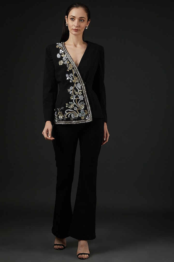 Black Spandex Embroidered Co-Ord Set by Vedika Soni at Pernia's Pop Up Shop