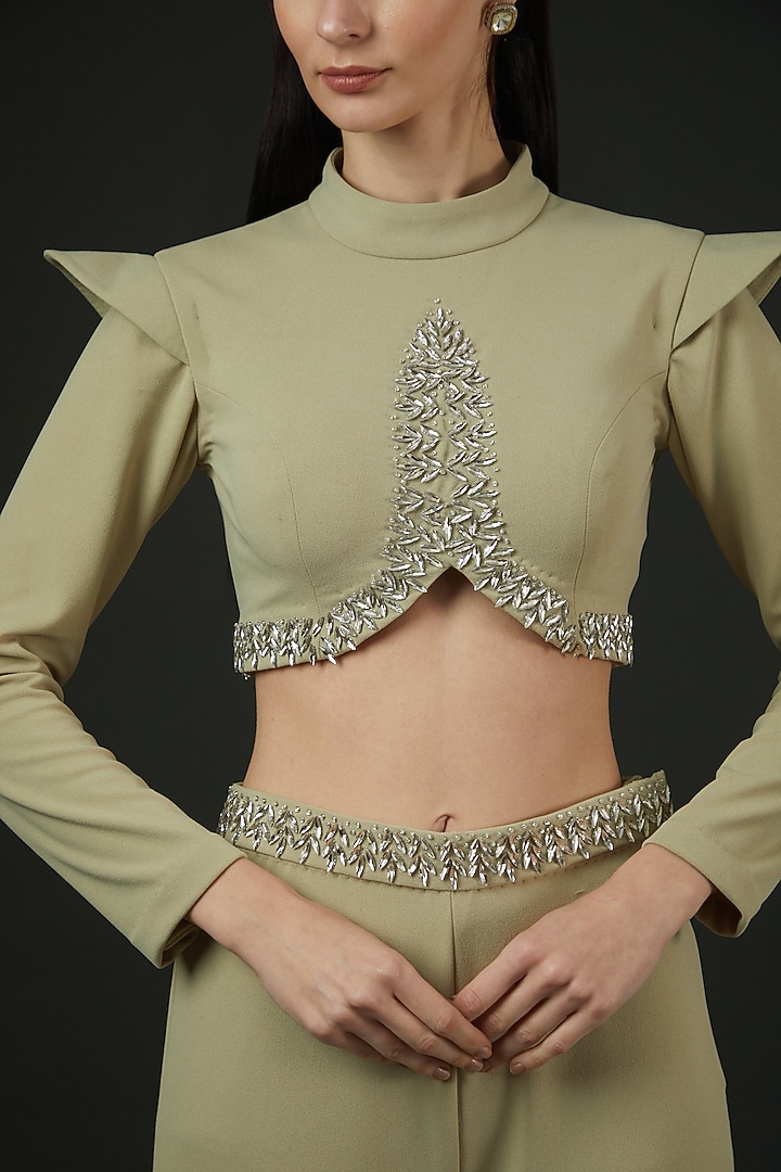 Olive Green Spandex Embroidered Co-Ord Set by Vedika Soni at Pernia's Pop Up Shop