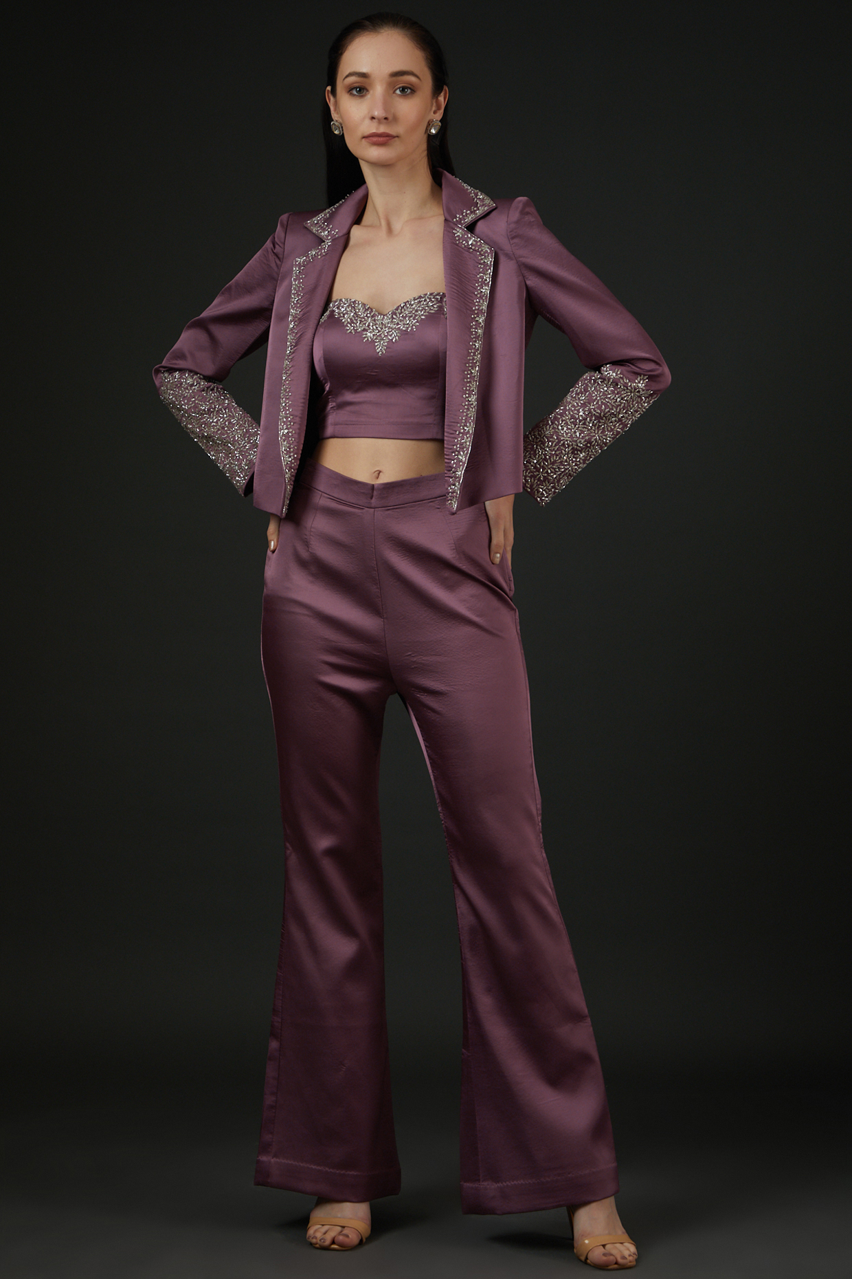 Mauve Satin Embroidered Co-Ord Set by Vedika Soni at Pernia's Pop Up Shop