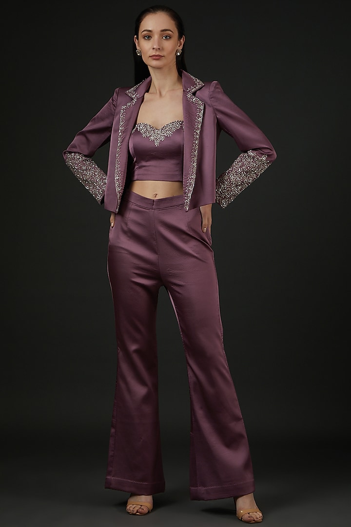 Mauve Satin Embroidered Co-Ord Set by Vedika Soni at Pernia's Pop Up Shop