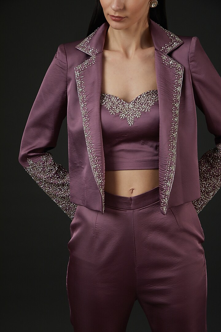 Mauve Satin Embroidered Co-Ord Set by Vedika Soni at Pernia's Pop Up Shop