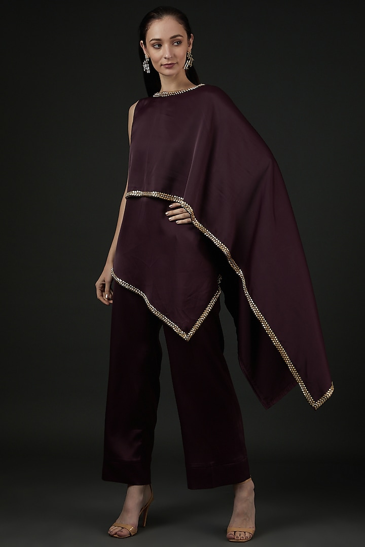 Wine Satin Embroidered Co-Ord Set by Vedika Soni at Pernia's Pop Up Shop