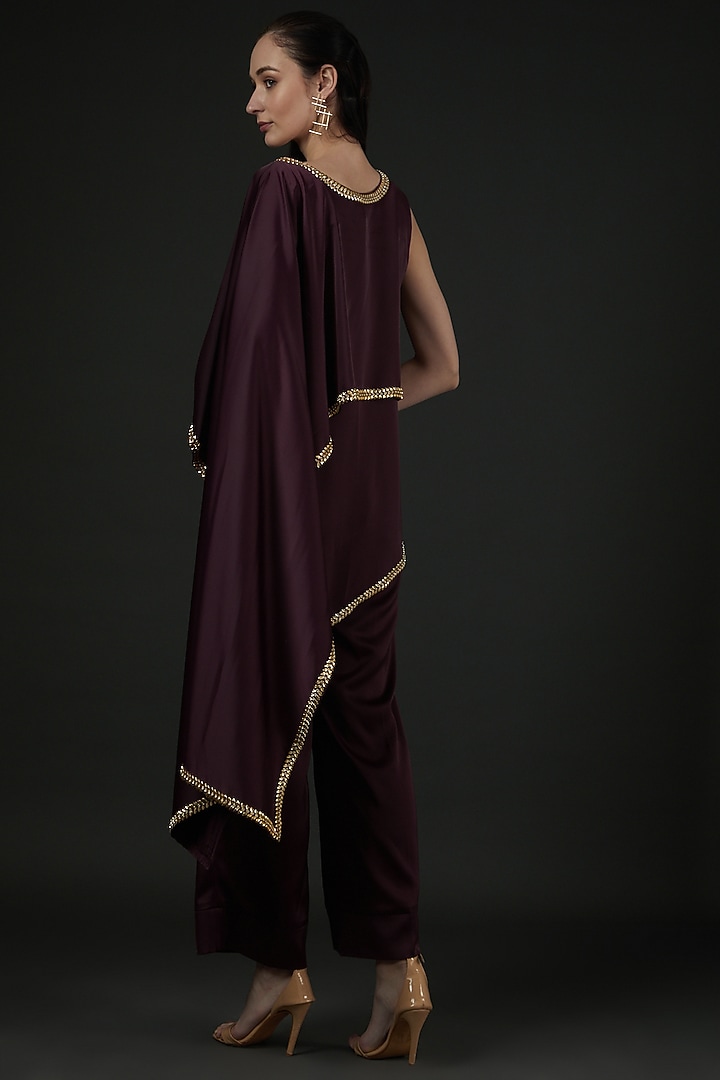 Wine Satin Embroidered Co-Ord Set by Vedika Soni at Pernia's Pop Up Shop
