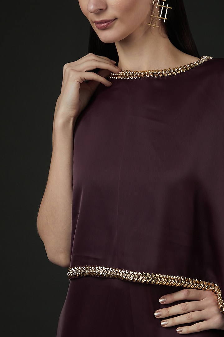 Wine Satin Embroidered Co-Ord Set by Vedika Soni at Pernia's Pop Up Shop
