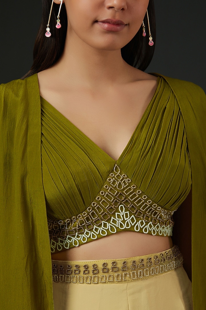 Mehendi Green Crepe Cape Set by Vedika Soni at Pernia's Pop Up Shop