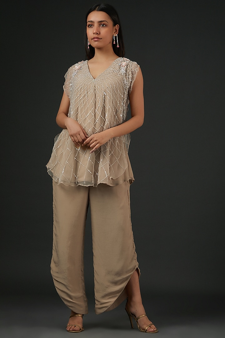 Beige Organza & Crepe Embroidered Co-Ord Set by Vedika Soni at Pernia's Pop Up Shop