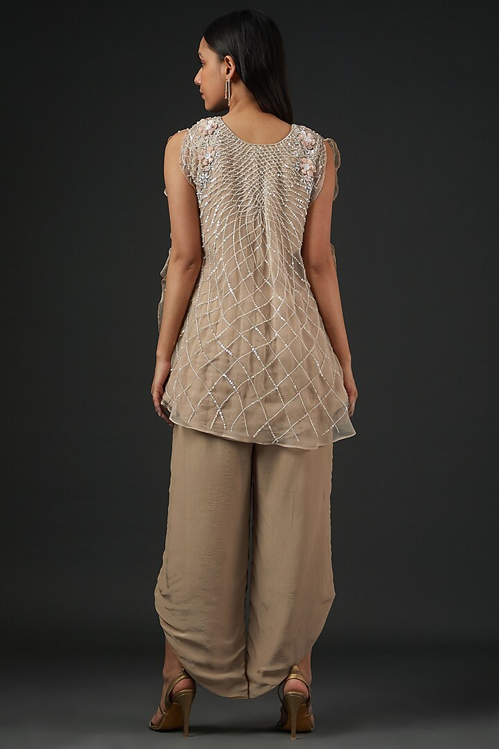 Beige Organza & Crepe Embroidered Co-Ord Set by Vedika Soni at Pernia's Pop Up Shop