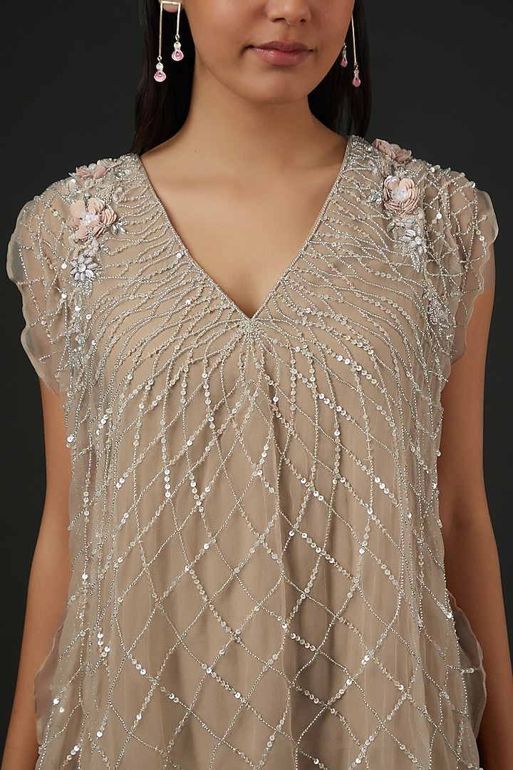 Beige Organza & Crepe Embroidered Co-Ord Set by Vedika Soni at Pernia's Pop Up Shop