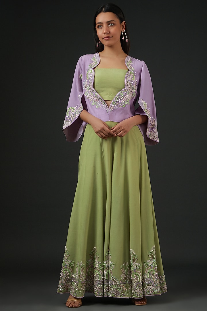 Mint Green Crepe Embroidered Wedding Sharara Set by Vedika Soni at Pernia's Pop Up Shop
