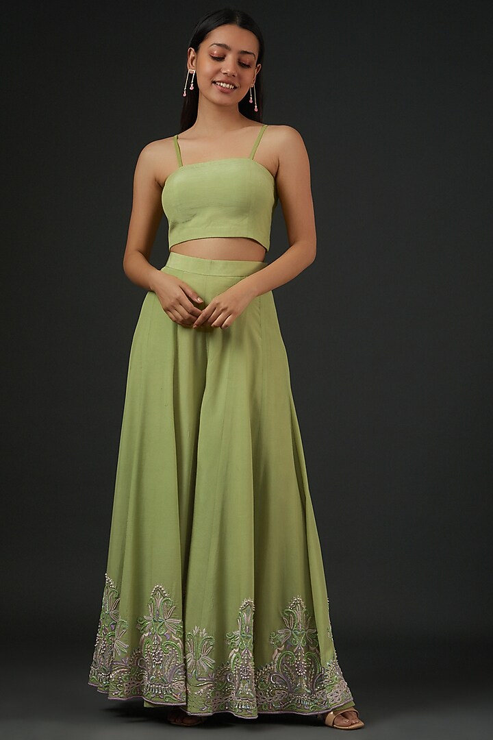 Mint Green Crepe Embroidered Wedding Sharara Set by Vedika Soni at Pernia's Pop Up Shop