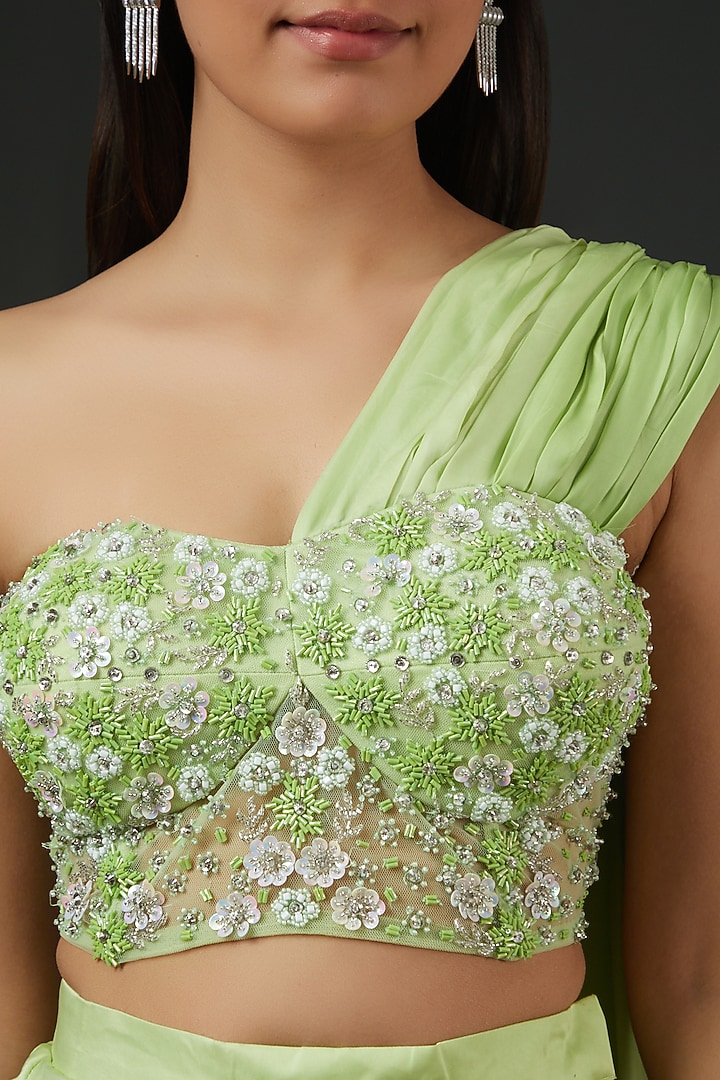 Lime Satin Drape Dhoti Set by Vedika Soni at Pernia's Pop Up Shop