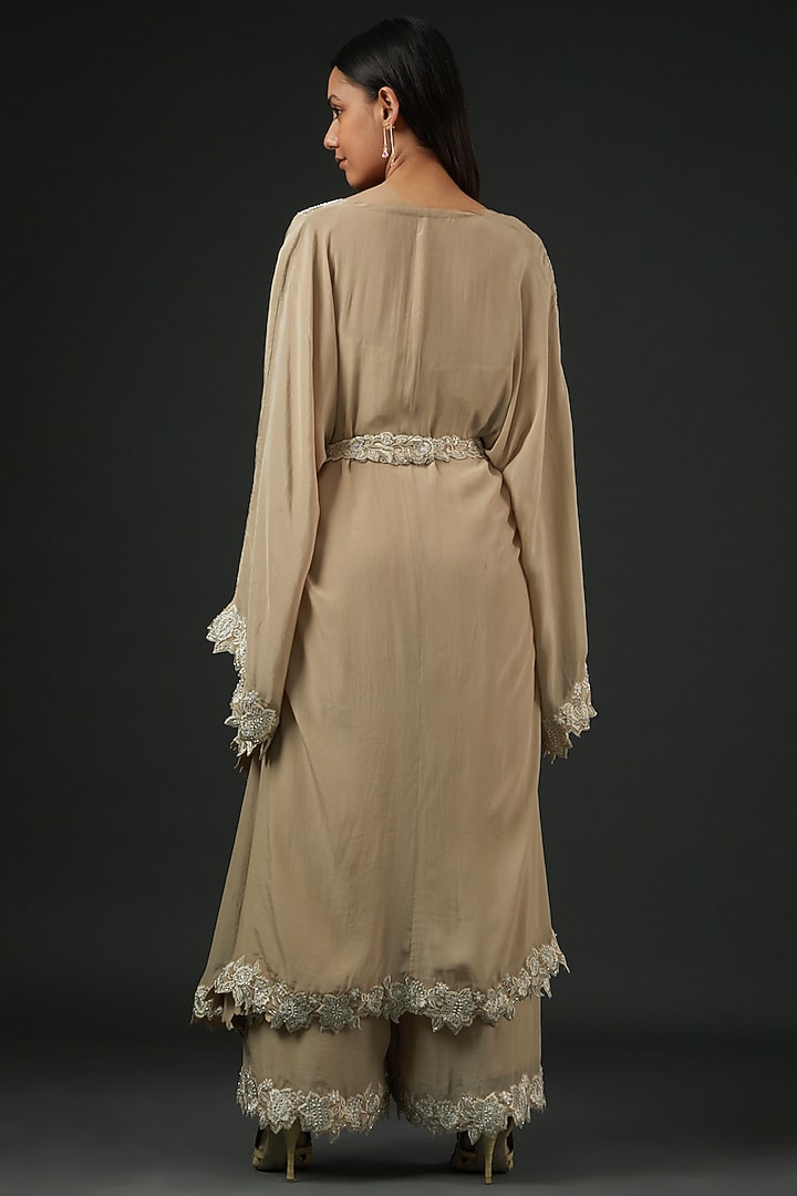 Beige Crepe Embroidered Jacket Set by Vedika Soni at Pernia's Pop Up Shop