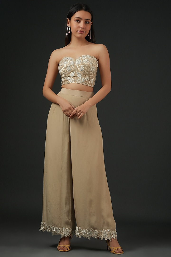 Beige Crepe Embroidered Jacket Set by Vedika Soni at Pernia's Pop Up Shop