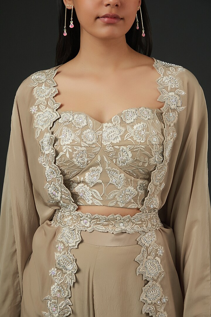 Beige Crepe Embroidered Jacket Set by Vedika Soni at Pernia's Pop Up Shop