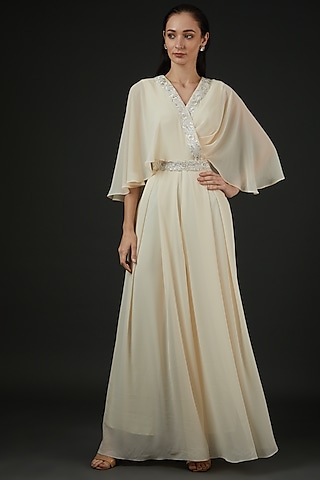 Ivory Georgette Embroidered Jumpsuit With Belt by Vedika Soni