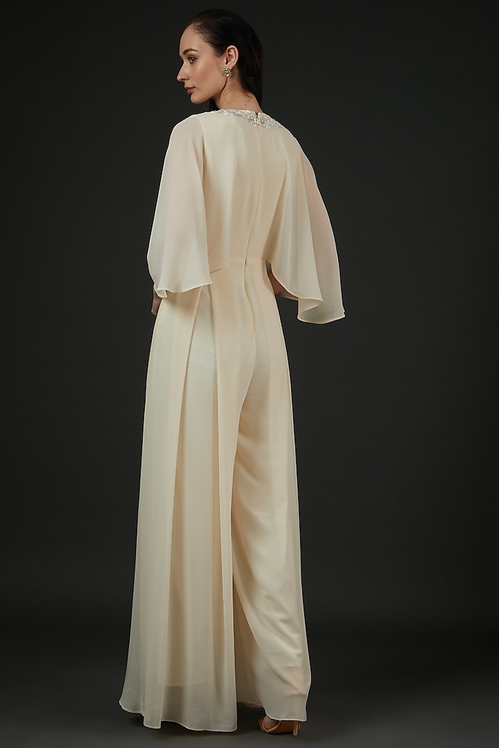 Ivory Georgette Embroidered Jumpsuit With Belt by Vedika Soni at Pernia's Pop Up Shop