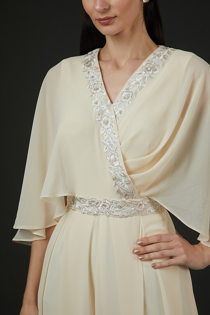 Ivory Georgette Embroidered Jumpsuit With Belt by Vedika Soni at Pernia's Pop Up Shop